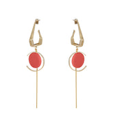 Coral leather women's earrings with distinctive pendulum-link metal chain